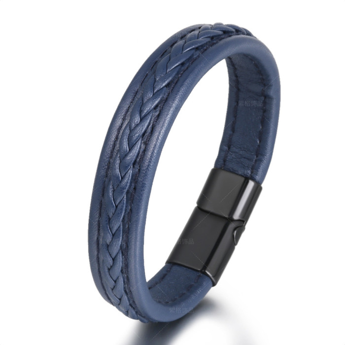 Cross-Border European and American Men's Bracelet Cowhide Handmade Original Niche Couple Simple Woven Leather Alloy Bracelet in Stock