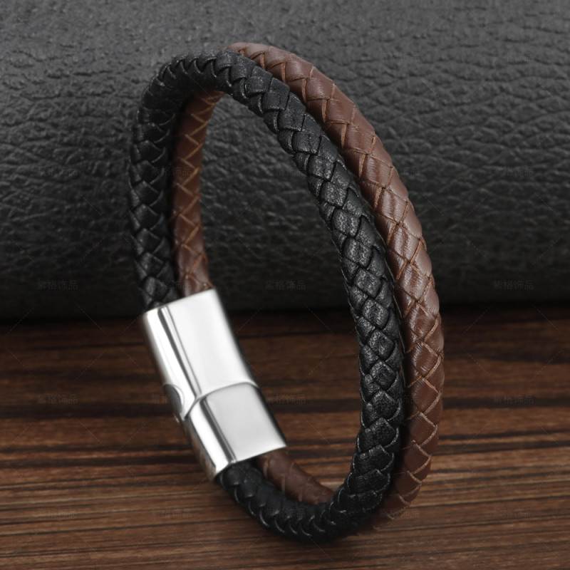 Cross-Border New Retro Men's Leather Rope Braided Multi-Layer Bracelet Stainless Steel Magnetic Clasp Bracelet Titanium Steel Jewelry