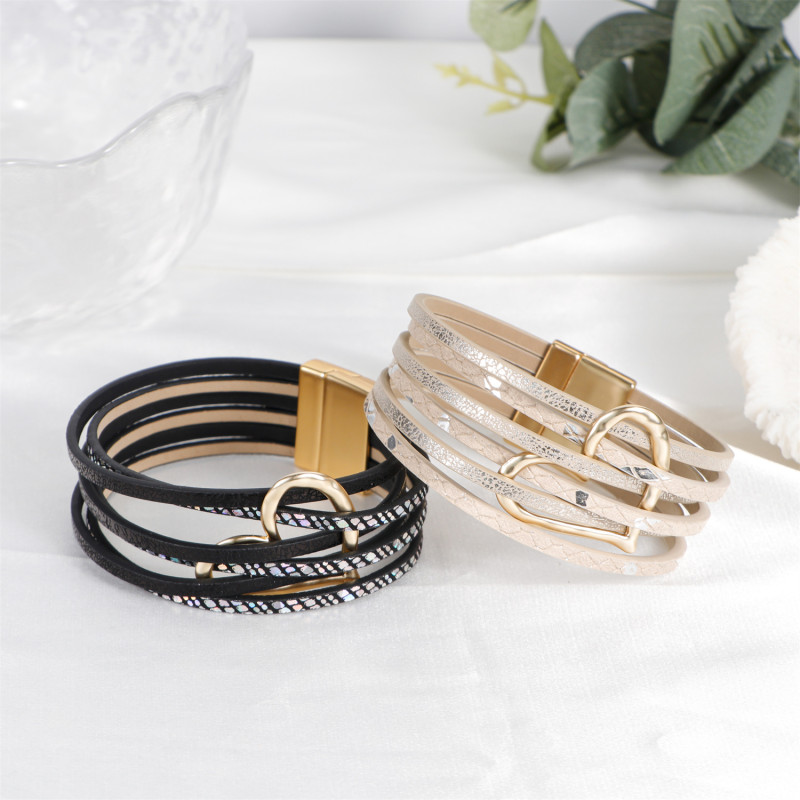 New Cross Leather Women's Bracelet Metal Heart Bracelet Vintage Leopard Alloy Magnetic Clasp Multi-layer Leather Bangle