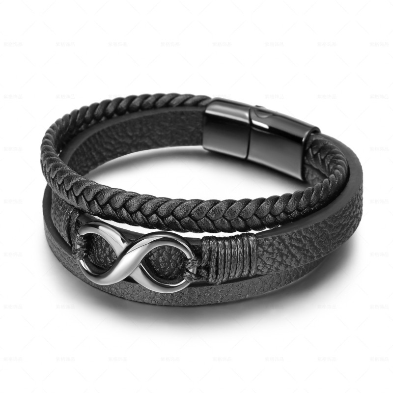 Cross-Border Hot Sale Handmade Braided Rope Cowhide 8-Shaped Magnetic Clasp Stainless Steel Men's Bracelet European and American Style Titanium Steel Bangle