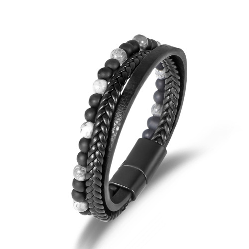 New Fashion Men's Beaded Bracelet Simple Woven Leather Bracelet High-end Versatile Alloy Magnetic Clasp Jewelry