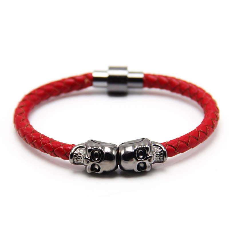 Original Cross-Border New Punk Style Cowhide Braided Magnet Buckle Skull Bracelet for Men European and American Style Jewelry