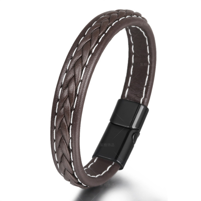 Cross-Border European and American Men's Bracelet Cowhide Handmade Original Niche Couple Simple Woven Leather Alloy Bracelet in Stock