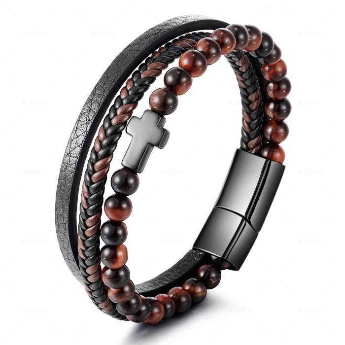 Hot Sale Stainless Steel Natural Tiger Eye Agate Stone Cross Bracelet Men's Titanium Steel Multi-Layer Braided Leather Bracelet