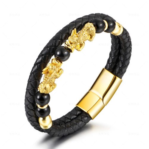 Cross-Border New Product Democratic Style Woven Beaded Stainless Steel Pixiu Bracelet Men's Domineering Titanium Steel Bangle In Stock