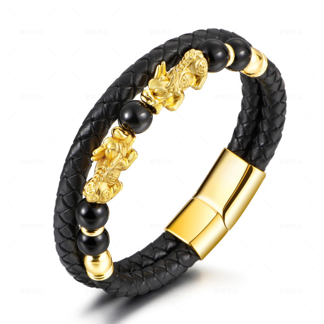 Cross-Border New Product Democratic Style Woven Beaded Stainless Steel Pixiu Bracelet Men's Domineering Titanium Steel Bangle In Stock