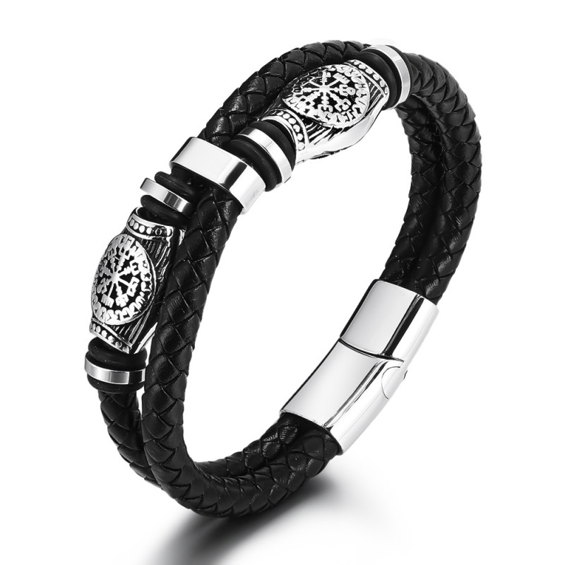Trendy Men's Hip-Hop Leather Bracelet Woven Multi-Layer Magnetic Clasp Stainless Steel European and American Totem Bracelet In Stock