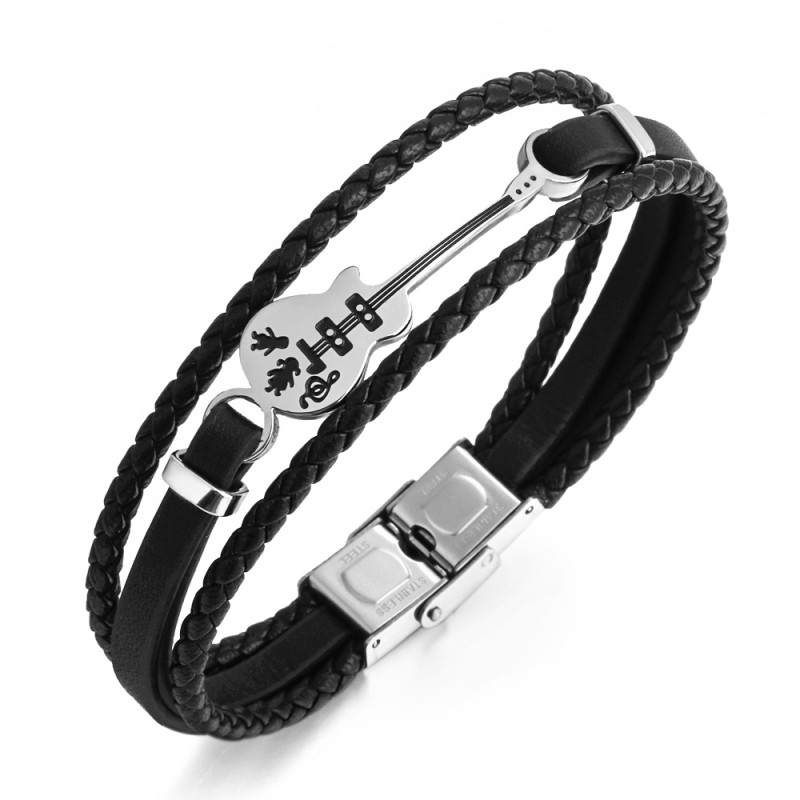 Amazon Punk Men's Leather Bracelet Men's Guitar Bracelet Multi-layer Woven Bracelet Leather Cord In Stock Wholesale