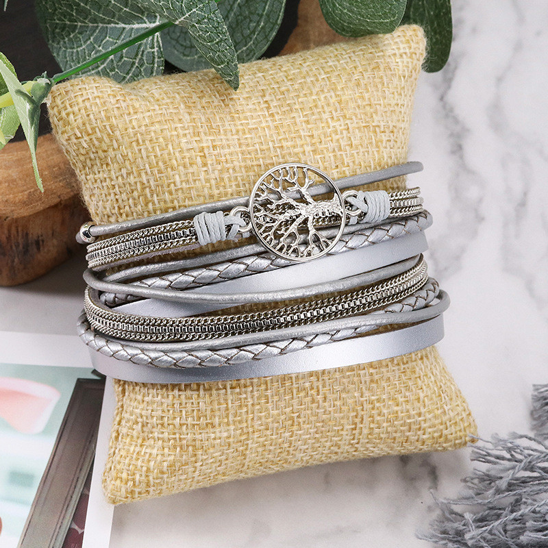 Cross-Border New Bracelet for Women Bohemian Style Freshwater Pearl Tree of Life Creative Retro Magnetic Clasp Leather Bracelet
