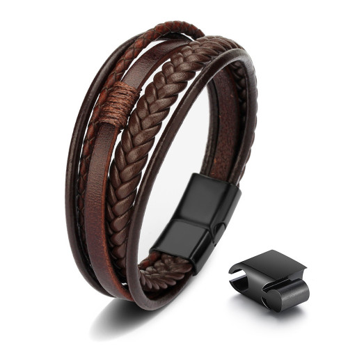 Cross-Border Hot Sale Stainless Steel Multi-Layer Braided Leather Men's Bracelet Wholesale Three-Section Titanium Steel Magnetic Clasp Bracelet In Stock