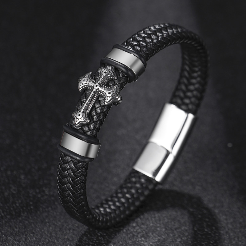 Amazon Leather Simple Handmade Woven Leather Stainless Steel Cross Bracelet Men's Titanium Steel Vintage Bangle