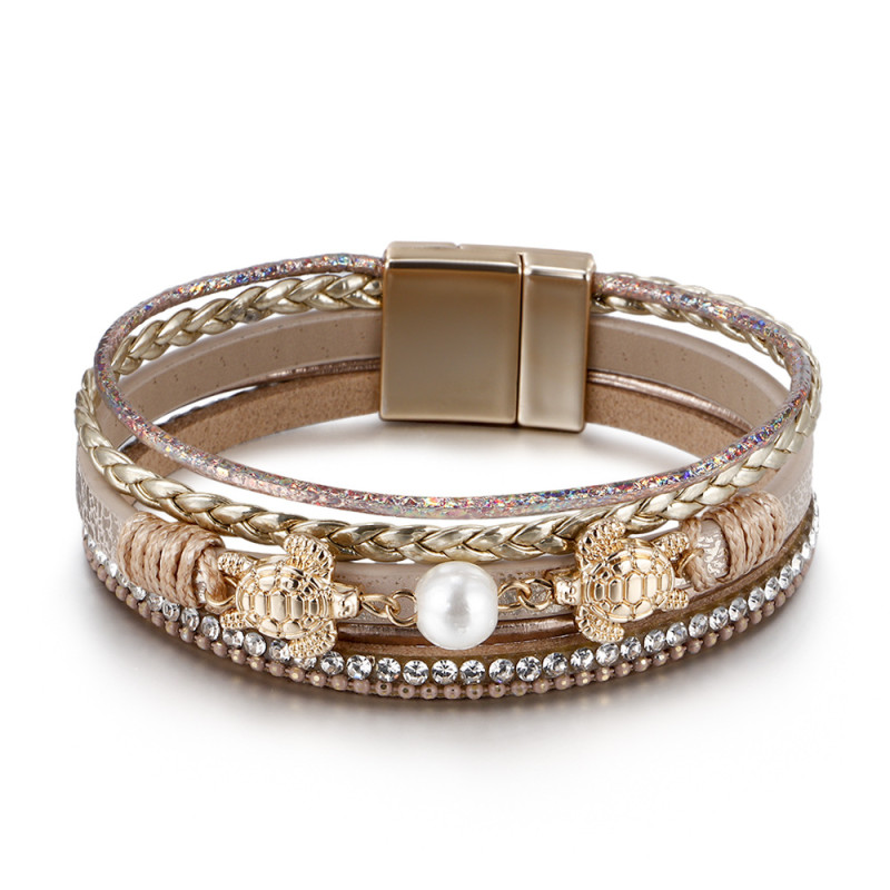 Amazon Ethnic Style Pearl Turtle Magnetic Clasp Women's Bracelet Wholesale Multi-layer PU Leather Woven Bracelet In Stock
