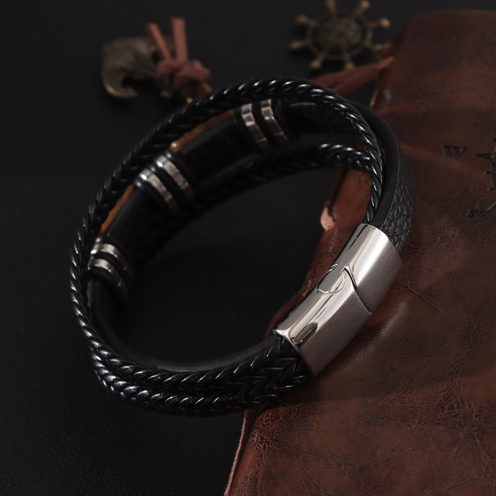 ​ ​ Exclusive Natural Tiger Eye Stone Bracelet for Men Multi-layer Leather Woven Stainless Steel Magnetic Clasp Bangle