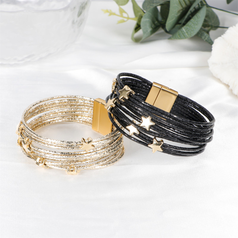 New Handmade Colorful Woven Leather Women's Bracelet Five-Pointed Star Fashion Bracelet Alloy Magnetic Clasp Ethnic Style Bangle