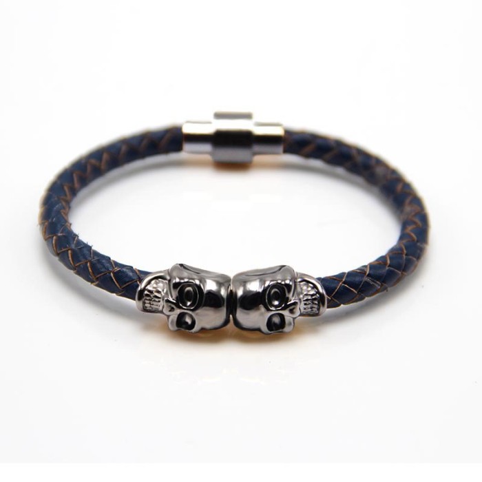 Original New Punk Style Cowhide Braided Magnet Buckle Skull Bracelet for Men Style Jewelry
