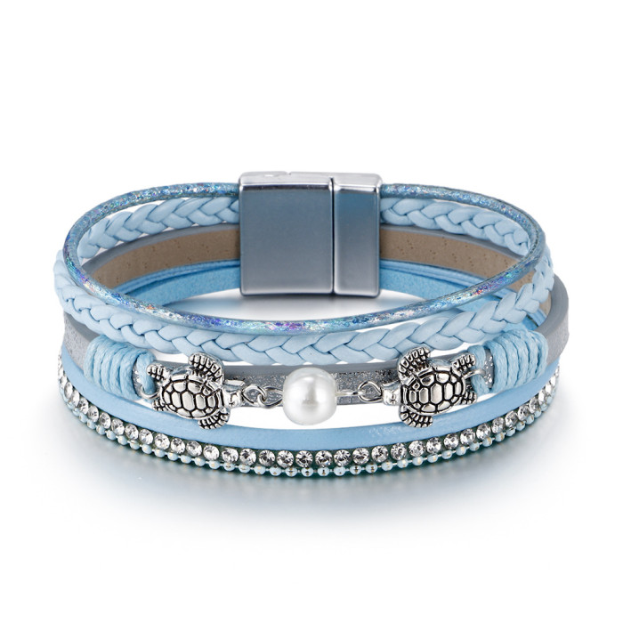 Amazon Ethnic Style Pearl Turtle Magnetic Clasp Women's Bracelet Wholesale Multi-layer PU Leather Woven Bracelet in S...