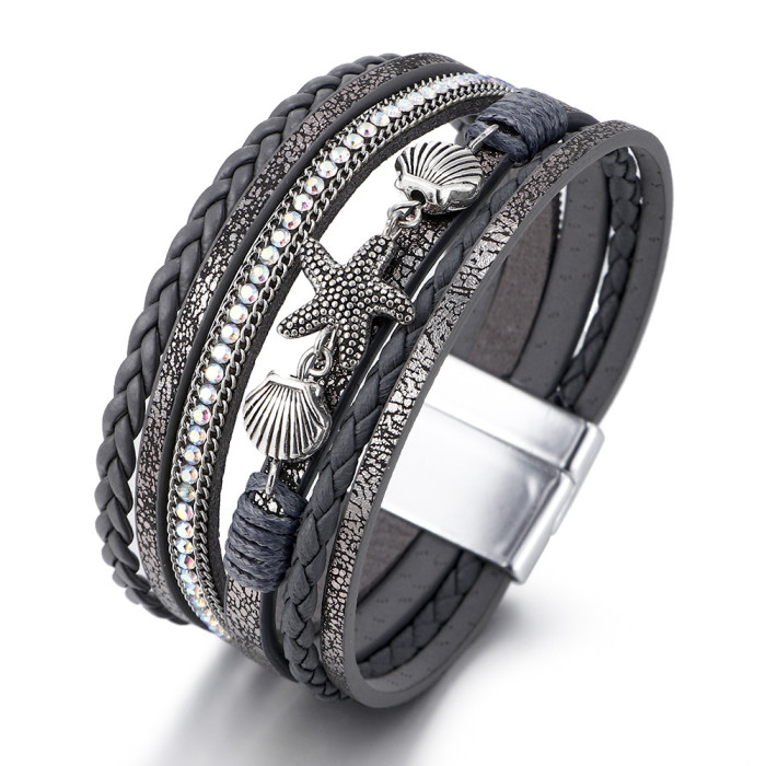Amazon New Summer Starfish Shell Bracelet Women's Handmade Woven Leather Bohemian Bracelet In Stock