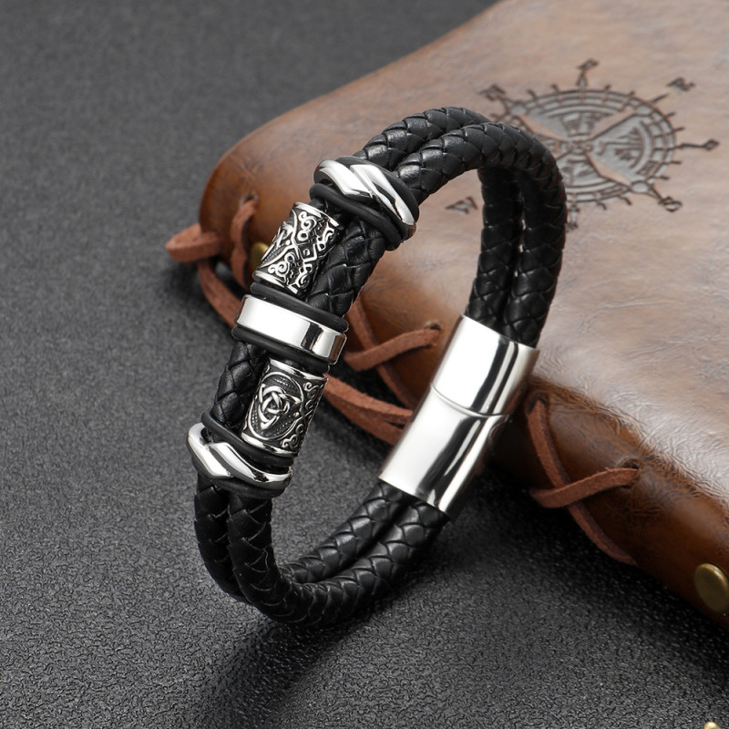 Cross-Border European and American Style Stainless Steel Men's Bracelet Niche Design Jewelry Pattern Titanium Steel Engraving Handmade Woven Leather Bracelet