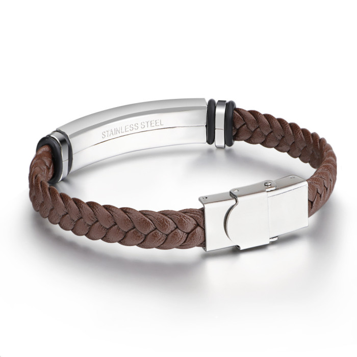 Amazon New Handmade Woven Leather Simple Titanium Steel Men's Bracelet Stainless Steel Bangle In Stock Engravable