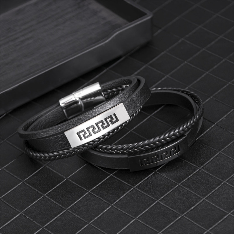 Amazon New Zinc Alloy PU Leather Bracelet Simple Fashion Titanium Steel Jewelry Wholesale Men's Woven Bracelet