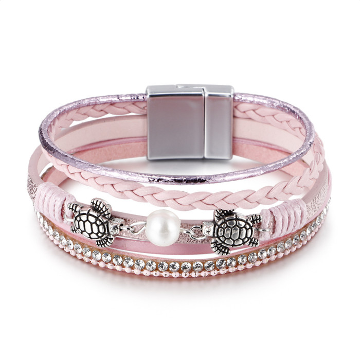 Amazon Ethnic Style Pearl Turtle Magnetic Clasp Women's Bracelet Wholesale Multi-layer PU Leather Woven Bracelet in S...