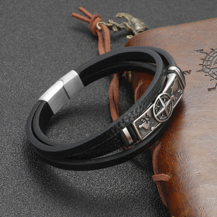 E-commerce Retro Multi-layer Cow Leather Titanium Steel Men's Bracelet Stainless Steel Style Bracelet in Stock Wholesale
