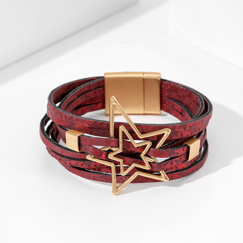 New European and American Style Bracelet Bohemian Style Alloy Magnet Buckle Bracelet Fashion Gemini Multi-layer Leather Bracelet