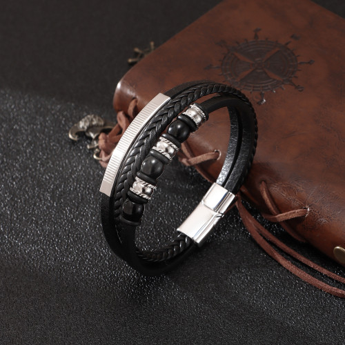 New Fashion Beaded Men's PU Leather Bracelet Zinc Alloy Accessories European and American Style Magnetic Clasp Jewelry