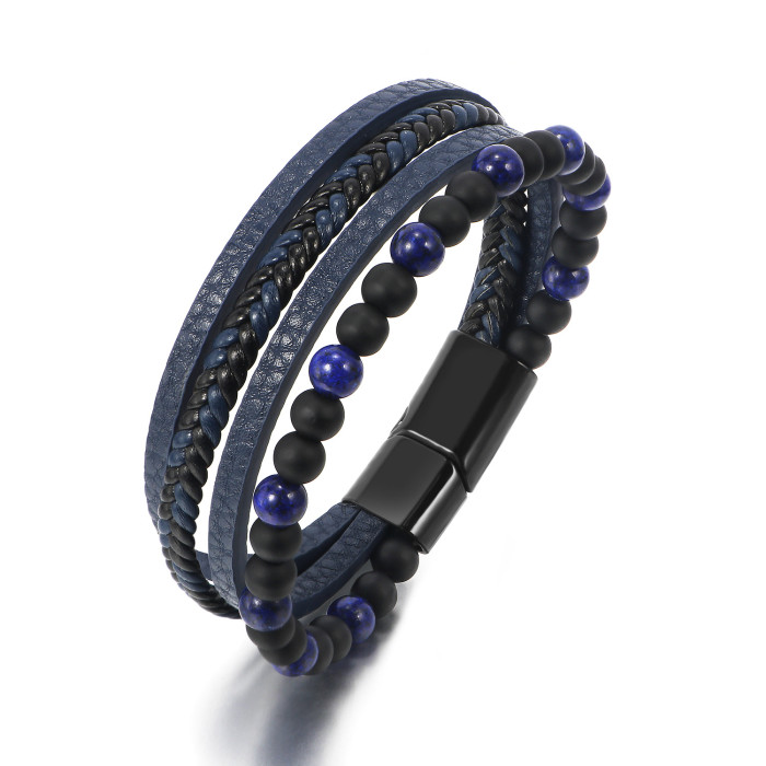 Amazon Hot Selling Natural Tiger Eye Stone Beaded Men's Bracelet Handmade Woven Multi-layer Leather Bracelet in Stock...