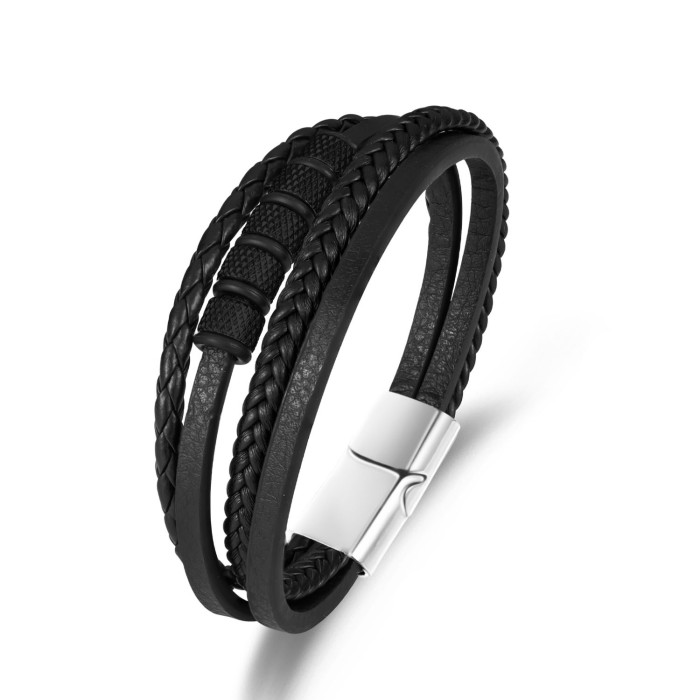 Multi-layer Woven PU Leather Bracelet Trend Alloy Beaded Men's Hip-hop Bracelet Source Factory