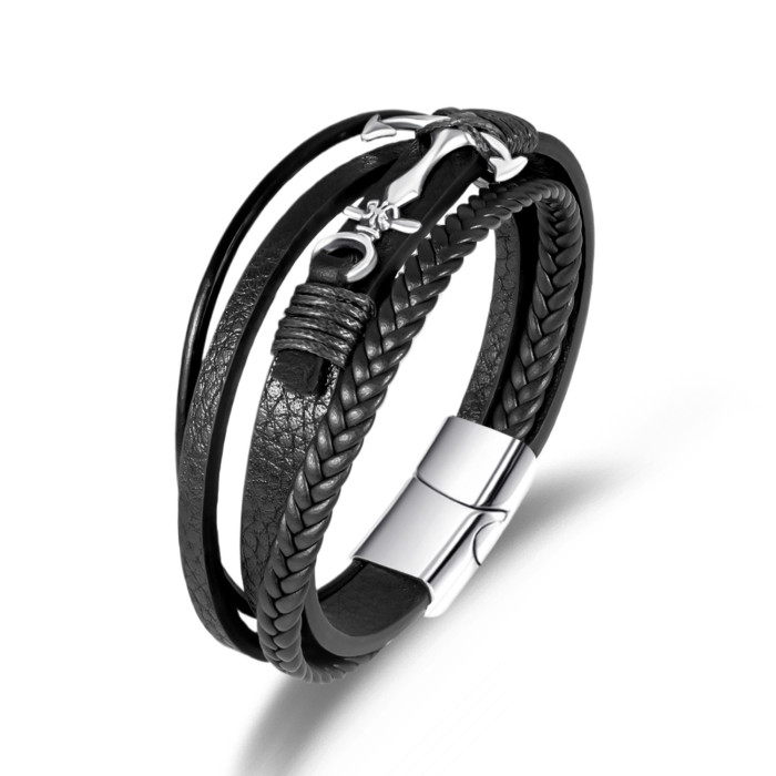 New Fashion Handmade Woven Bracelet Personalized Anchor Magnetic Bracelet Multi-layer Men's Alloy Leather Bracelet