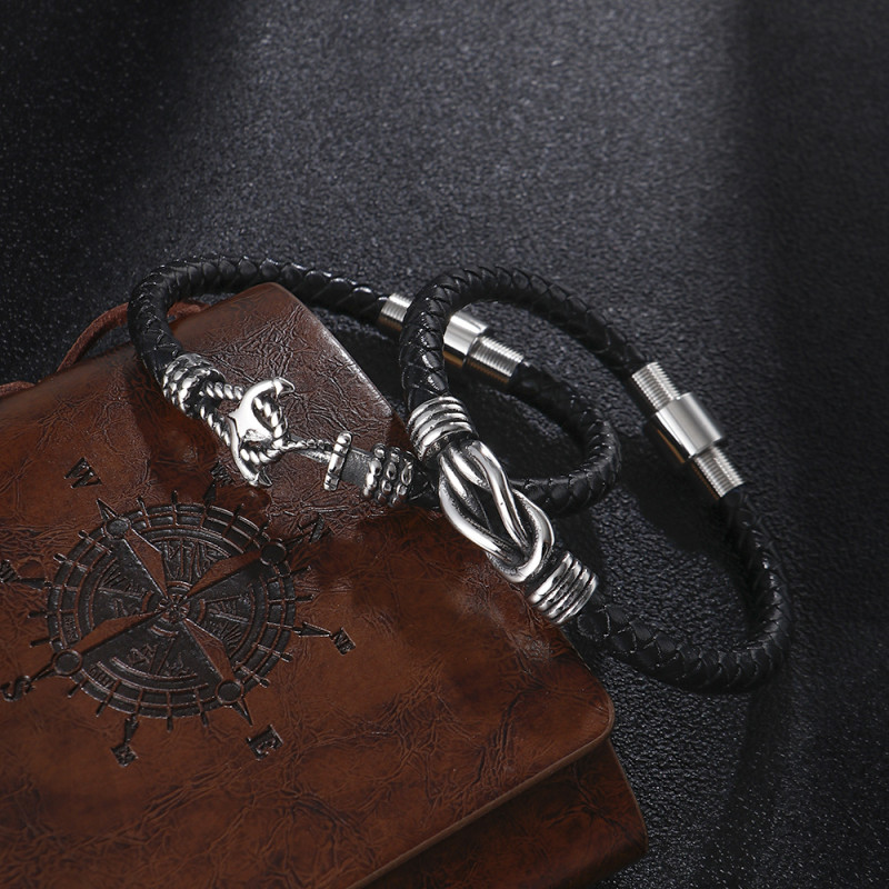 Amazon Cross-Border Hot Sale Retro Style Stainless Steel Handmade Braided Rope Anchor Bracelet Men's Titanium Steel Bracelet