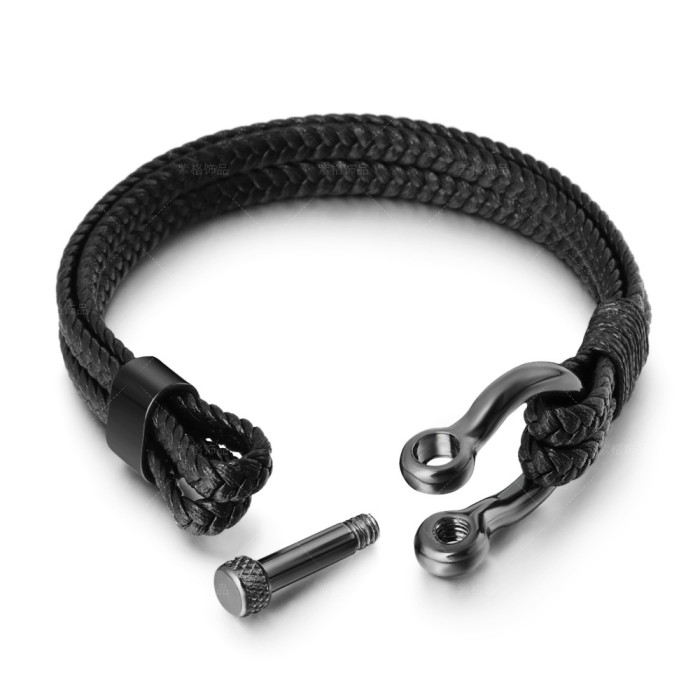 Cross-Border New Product Leather Rope Braided Horseshoe Buckle Stainless Steel Bracelet Men's Accessories Titanium Steel Retro Jewelry European and American Bracelet