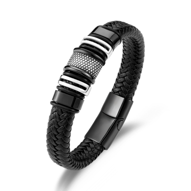European and American Simple Leather Bracelet New Leather Woven Hand Accessories Wholesale Retro Style Men's Stainless Steel Magnetic Clasp Bracelet