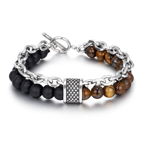 Cross-Border Hot Sale Punk Style Matte Tiger Eye Stone Bracelet Men's Unique Map Natural Stone Beaded Chain Bracelet