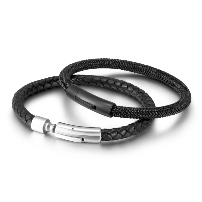 Cross-Border Jewelry Minimalist Style Hand-Woven Leather Rope Stainless Steel Couple Bracelets Unisex Design Student Bracelets