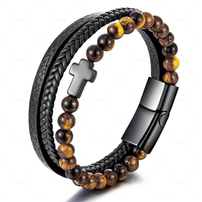 Hot Sale Stainless Steel Natural Tiger Eye Agate Stone Cross Bracelet Men's Titanium Steel Multi-Layer Braided Leather Bracelet