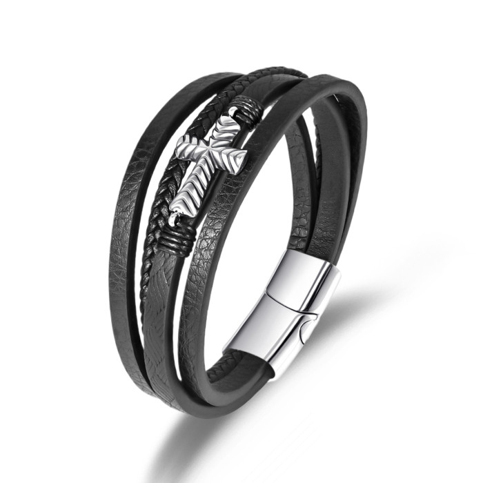 Simple Men's Woven Bracelet Fashion Versatile Multi-layer Leather Cross Jewelry Style Stainless Steel Bracelet