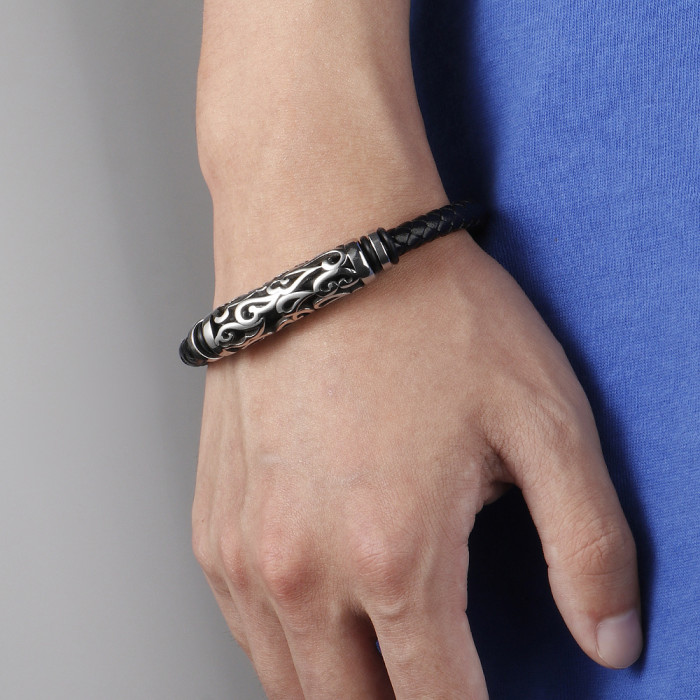 Amazon New Retro Style Stainless Steel Hollow Carved Leather Men's Bracelet Woven Titanium Steel Viking Bracelet