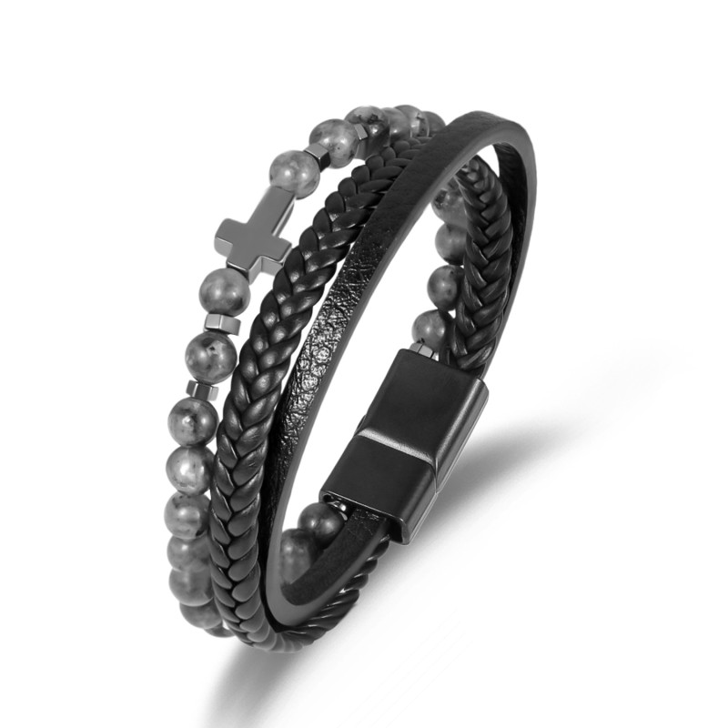 Cross-border Cross Multi-layer Black Gallstone Bracelet Personality Fashion New Woven PU Leather Bracelet Alloy Magnetic Clasp Jewelry