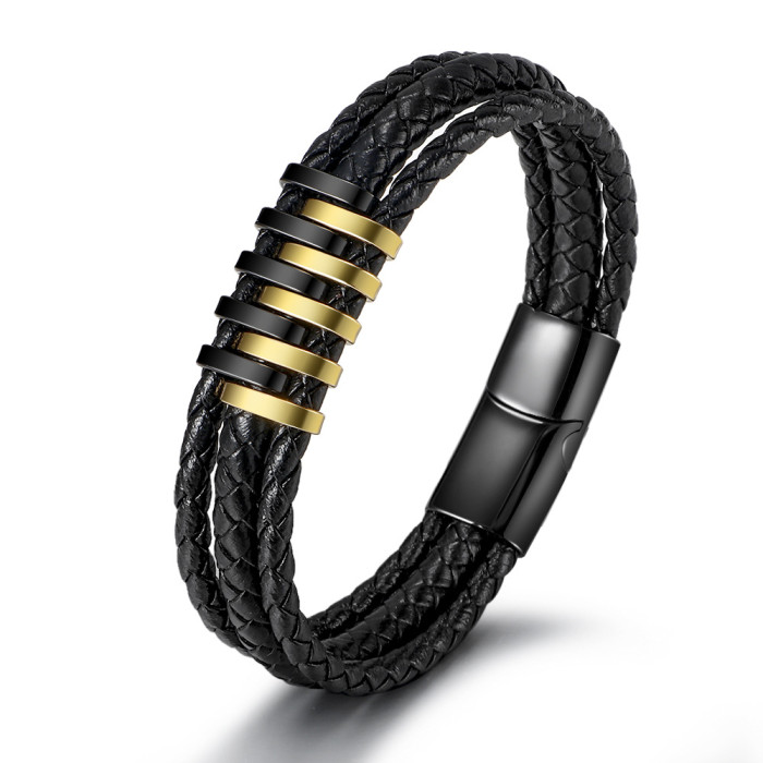 Amazon Retro Leather Stainless Steel Foreign Trade Bracelet Wholesale Men's Domineering Titanium Steel Fashion Handma...