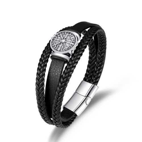 European and American Fashion Trendy Men's Jewelry Alloy Scripture Compass Leather Bracelet Fashion Versatile Multi-layer Woven Leather Bracelet