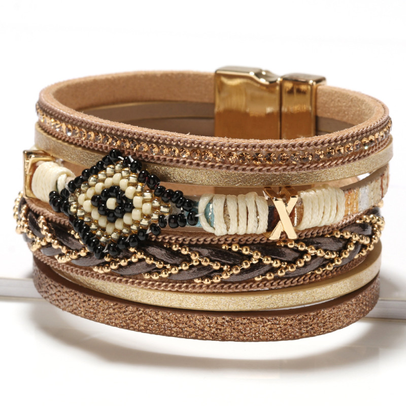 Bohemian Style Cross-Border New Jewelry European and American Eye Beads Handmade Woven Leather Bracelet for Women Simple Jewelry