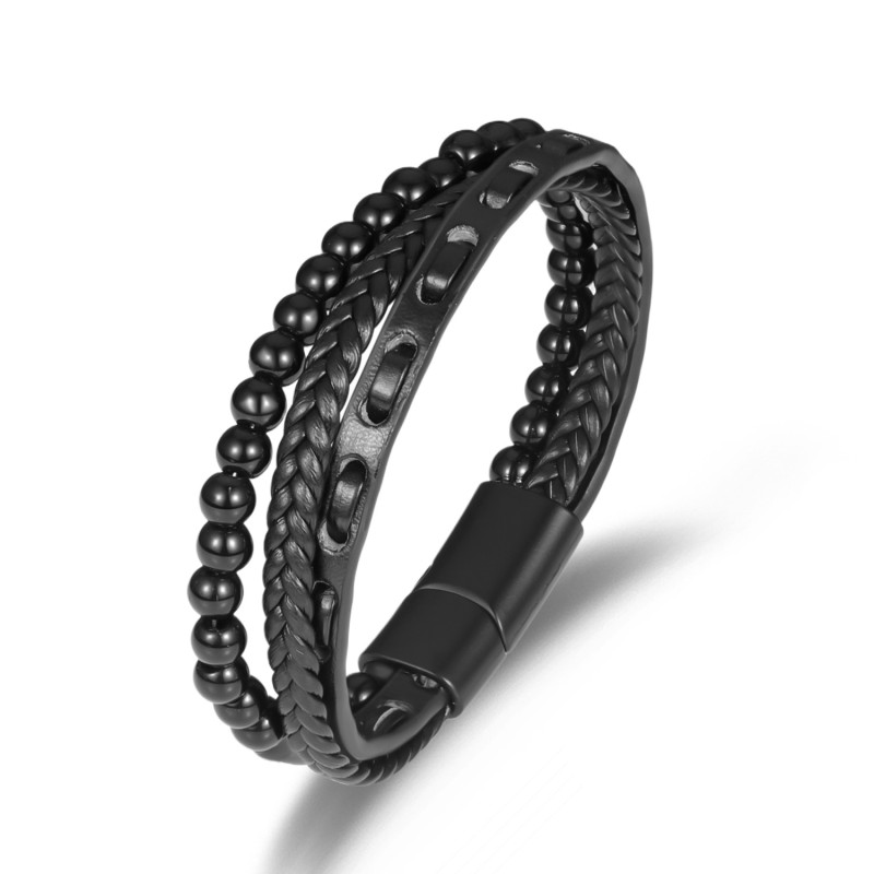 New Fashion Woven Leather Bracelet Simple Men's Black Gallstone Bracelet European and American Style Men's Alloy Magnetic Clasp Jewelry