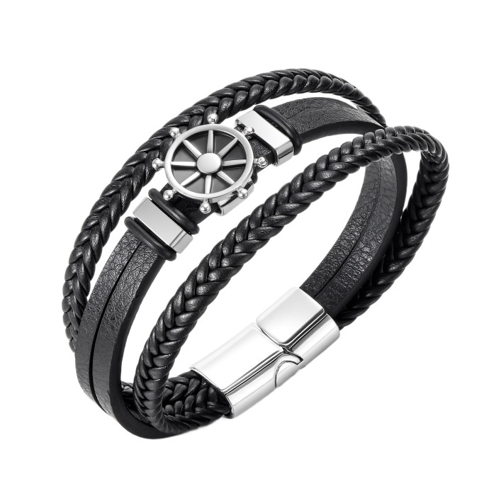 Fashion Multi-layer Woven Zinc Alloy Rudder Bracelet for Men Simple Trendy Leather Bracelet Jewelry