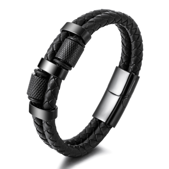 Multi-layer Leather Double-layer Woven Genuine Leather Bracelet Stainless Steel Magnet Clasp Bangle Creative Punk Men...