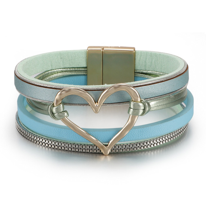 Amazon Bohemian Style Multi-Layer Leather Heart Bracelet for Women Fashion Magnetic Clasp Bracelet in Stock