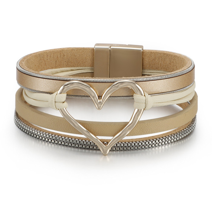 Amazon Bohemian Style Multi-Layer Leather Heart Bracelet for Women Fashion Magnetic Clasp Bracelet in Stock