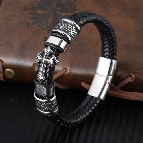 Amazon Cross-Border Simple Leather Woven Stainless Steel Cross Men's Bracelet European and American Style Titanium Steel Bangle Jewelry