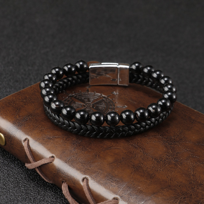 European and American Cross-Border Simple Leather Tiger Eye Beaded Natural Stone Bracelet Wholesale European and American Men's Cowhide Rope Agate Bracelet